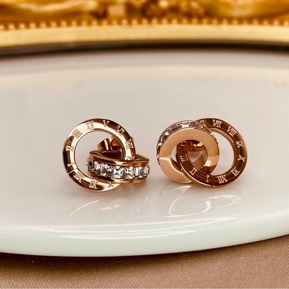 18K Rose Gold Titanium Steel Roman Numerals Circle CZ Stud Earrings - Picture 2 of 6
